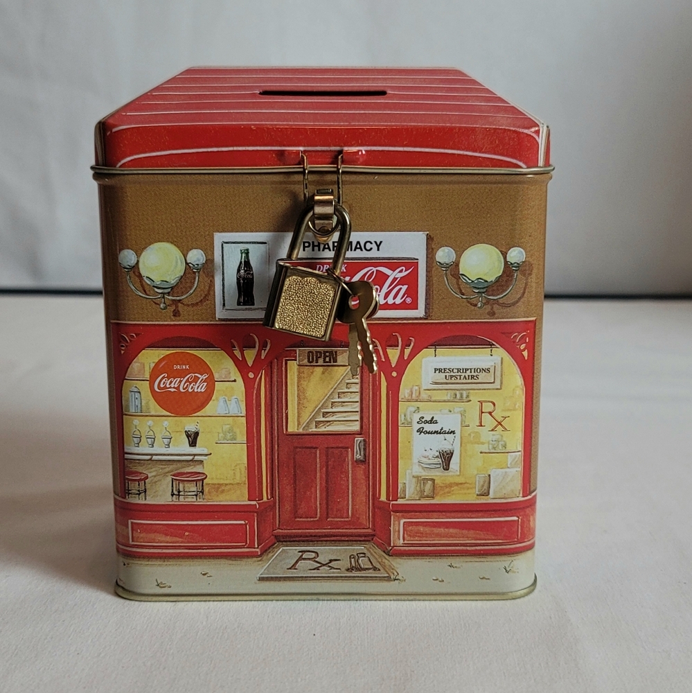 Coca Cola Tin Pharmacy Bank With Lock And Keys